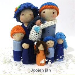 عروسک چوبی دستساز  رنگ آبی خانواده 3 نفره
