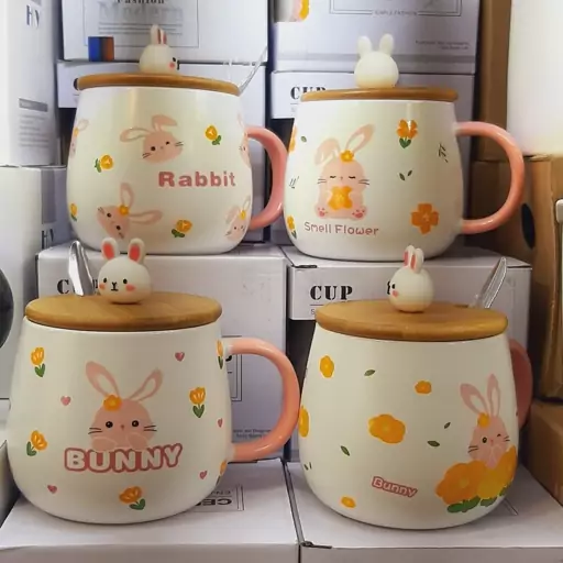 ماگ عروسکی خرگوش rabbit درب چوبی بامبو عروسک دار