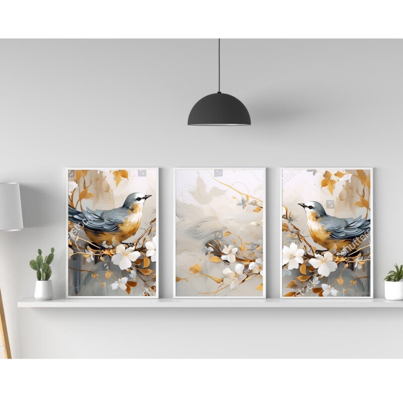 تابلو دکوراتیو فانتزی پرنده های زیبا سه تکه 