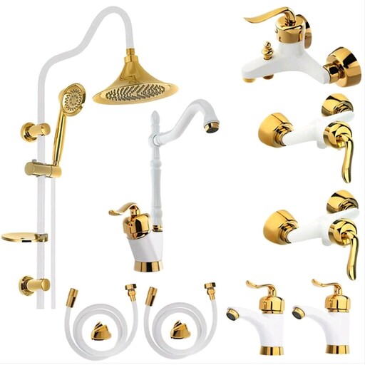 ست شیرآلات آئس  مدل قاجاری سفید طلایی مجموعه 9 عددی با  یونیورست شیپوری و شلنگ توالت برنجی  