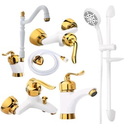 ست شیرآلات آئس مدل قاجاری سفید طلایی مجموعه 6 عددی  با دوش سفید و شلنگ توالت برنجی 