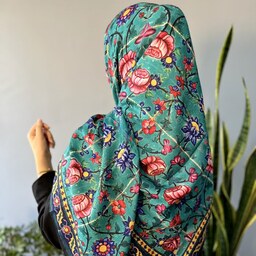روسری سوپر کرپ طرح  سنتی نخ ابریشم قواره 140 فوق العاده زیبا رنگ سبرآبی