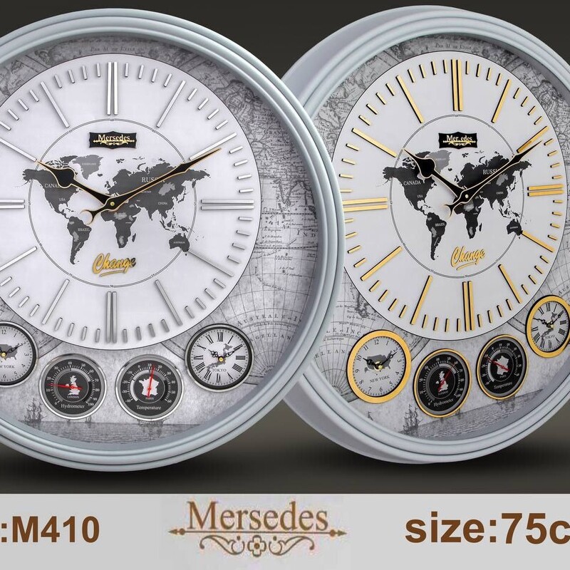 ساعت دیواری برند مرسدس کد M40
دارای دماسنج و رطوبت سنج 
سایز75.75سانت کیفیت عالی موتور اصلی طراحی جدیدکلاسیک
