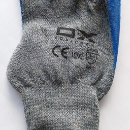 دستکش ایمنی کار  برند OX، برند اُ ایکس، مدل ضد برش، کف چروک ضخیم، سایز XL رنگ آبی استاندارد CE