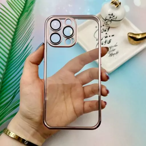 قاب گوشی iPhone 13 Pro آیفون ژله ای الکتروپلیتینگ شفاف دور رنگی طلایی محافظ لنز دار گلسی کد 56301