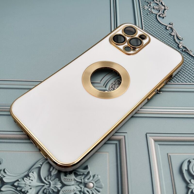 قاب گوشی iPhone 12 Pro Max آیفون دبل متال مای کیس مگ سیف دور طلایی محافظ لنز دار شیشه ای رنگ سفید کد 85510