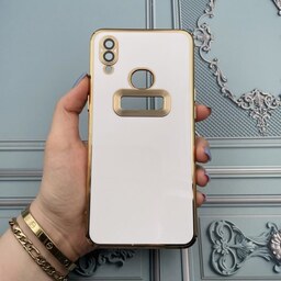 قاب گوشی Galaxy A10S سامسونگ دبل متال مای کیس مگ سیف دور طلایی محافظ لنز دار شیشه ای رنگ سفید کد 45816