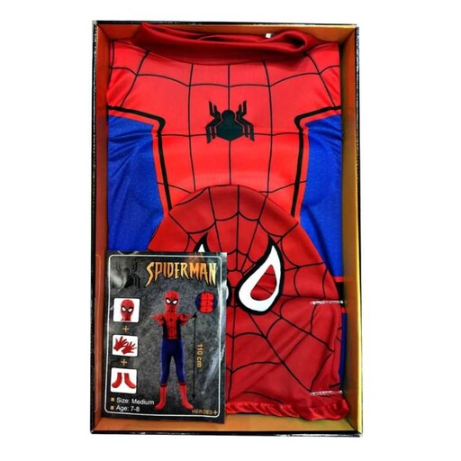 لباس مرد عنکبوتی اسپایدرمن 110 سانت مناسب سن 7 تا 8 سال سیکس پک دار شنل دار
