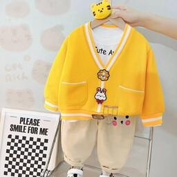 لباس بچگانه وارداتی ست اسپرت بلوز و روپوش و شلوار کتان اورجینال کد 18 با  ارسال رایگان کت دکمه عروسکی زرد سفید کرمی