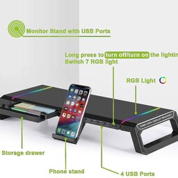 پایه مانیتور رومیزی RGB به همراه کشو و نگهدارنده گوشی و هاب USB