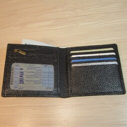 کیف پول چرم طبیعی جیبی مردانه دو لت با جای عکس افقی(رنگ مشکی) دست دوز ورنی چرم(ارسال رایگان)