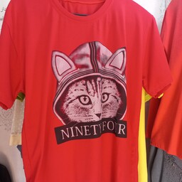 تی شرت نخی یقه گرد طرح گربه دخترانه قواره دارسایز42-44-46-48