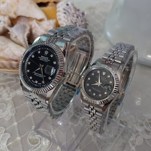 ساعت زنانه رولکس Rolex نقره ای صفحه مشکی 