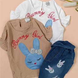 تیشرت شلوارک bunny girl جنس تیشرت  ابروبادو جنس شلوارک جین سایز35تا45 رنگبندی سورمهای  سفید کرم 