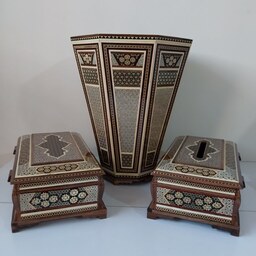 ست کامل جعبه دستمال،جا کارد و چنگال و سطل خاتم اعلا هنر دست هنر مندان اصفهانی
