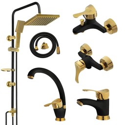 ست شیرالات زحل (مدل آیلار صدفی مشکی طلا)به همراه علم دوش حمام و شلنگ توالت