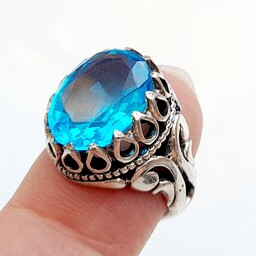 انگشتر توپاز آبی نقره مردانه زیبا