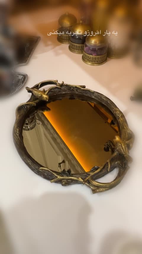 سینی گنجشکی کف آینه دار پذیرایی سینی گنجشک دار پرنده پلی استر با آینه برنز روز مادر زن روززن روزمادر هفت سین