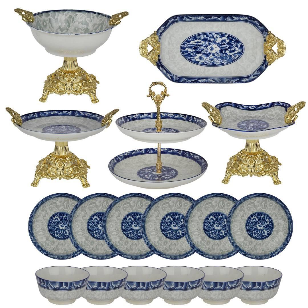 سرویس پذیرایی چینی قلم آبی پایه طلایی 18 پارچه