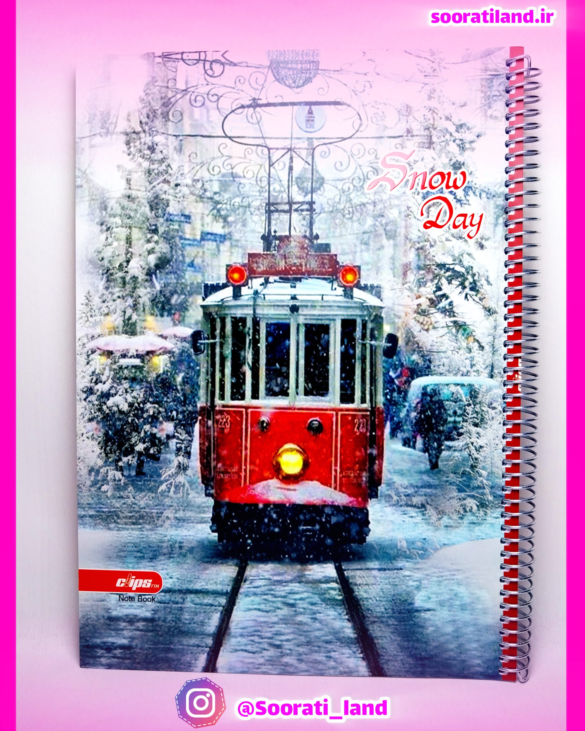 دفتر سیمی 100 برگ کلیپس (Clips) طرح Snow Day - مدل تراموای قرمز