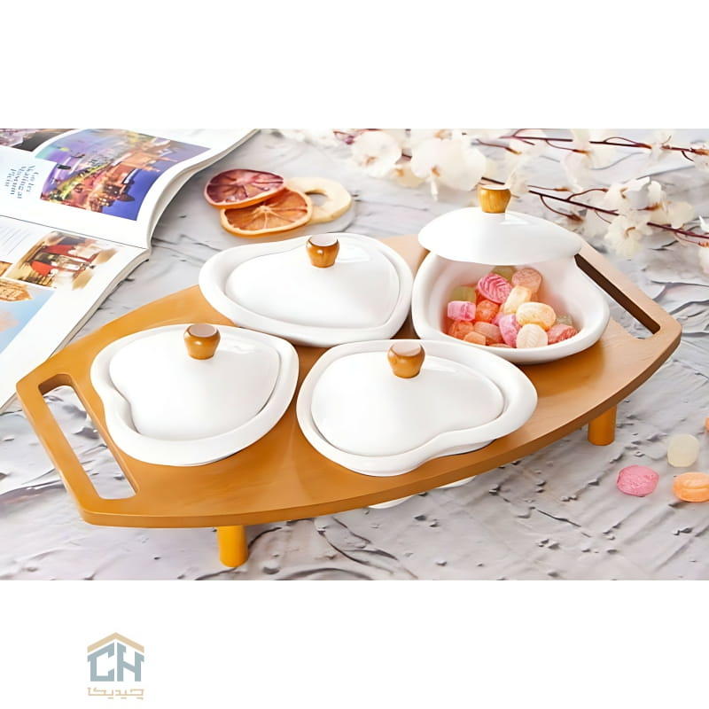 اردو خوری سرامیکی پایه چوبی ست 4 تایی طرح قلب مدل 50038