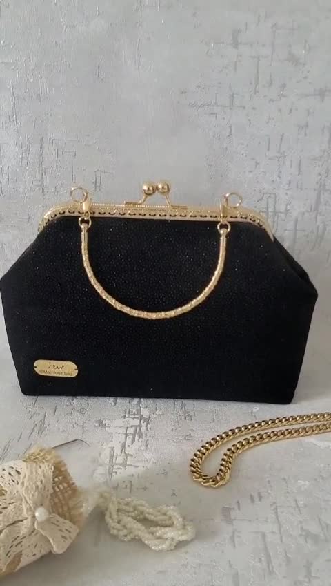 کیف دهانه فلزی مجلسی مخمل مشکی
