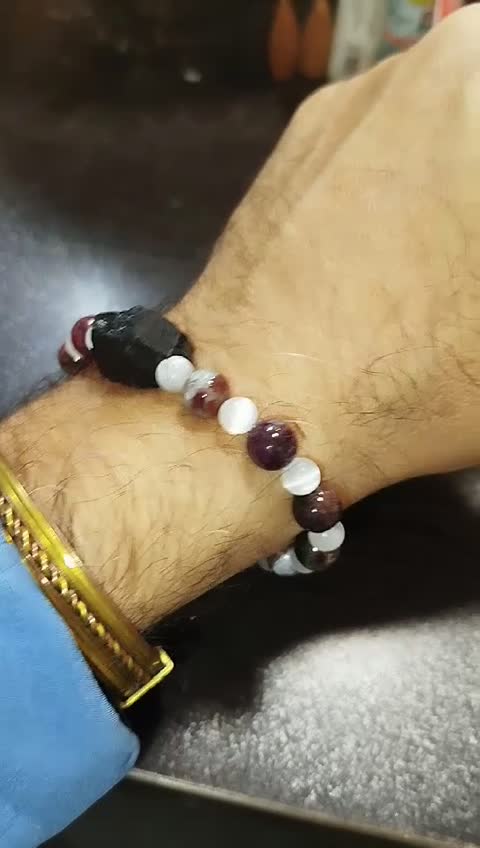 دستبند سنگ تورمالین رنگین کمان و سنگ سلنایت محافظ نیرومند