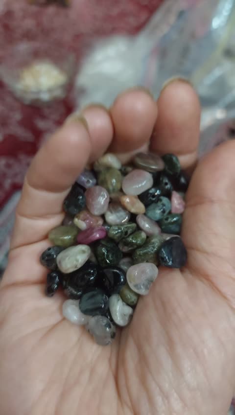 مهره تامبل سنگ تورمالین هندوانه ای یا مولتی کالر 6 در 8 میل سنگ لصل طبیعی سوراخ دار
