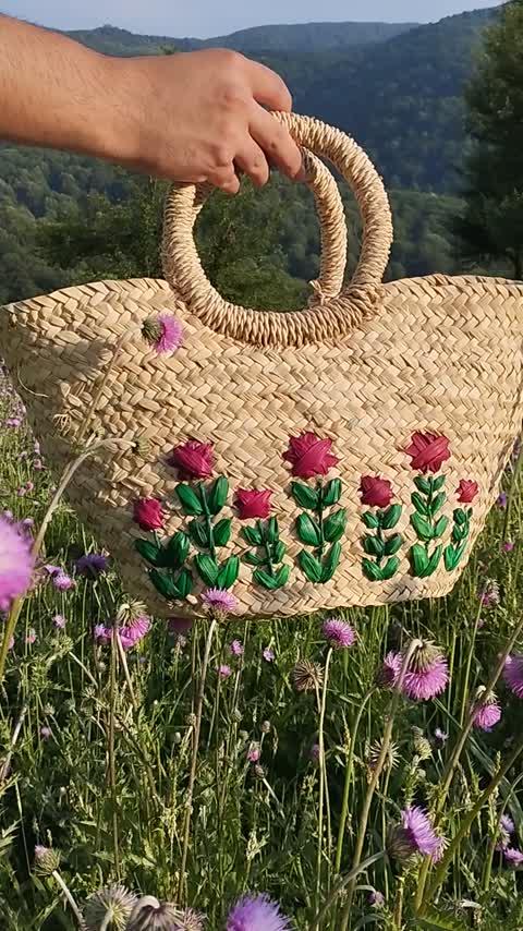 زنبیل حصیری گلدار سبد دسته حلقه پسکرایه