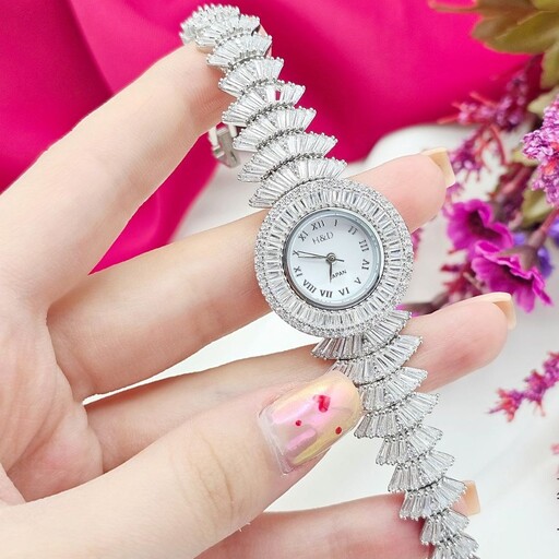 ساعت نقره عیار 925 مدل جواهری ابکاری طلا سفید 