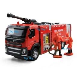 اسباب بازی - ماکت - کامیون فلزی - کامیون آتشنشانی ولوو Volvo - چراغدار، صدادار، دارای اجزاء متحرک - بهمراه 2 عدد فیگور