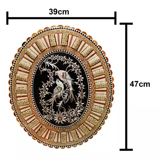 تابلو بیضی لبه دالبری خاتم کاری  همراه با پلاک قلمزنی طرح گل و مرغ(گارانتی 120 ماهه)