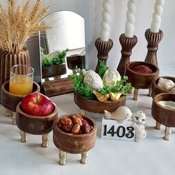 هفتسین چوبی با پایه برنجی گلدان وجاشمعی