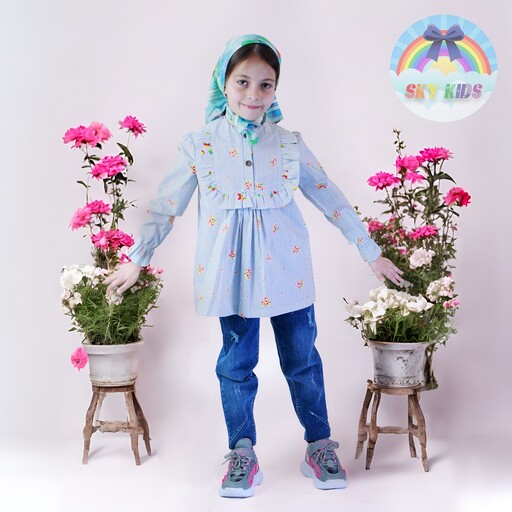 شومیز دخترانه جلو چین دار طوسی پروانه ای و گلدار  سایز 5 تا 13 سال 