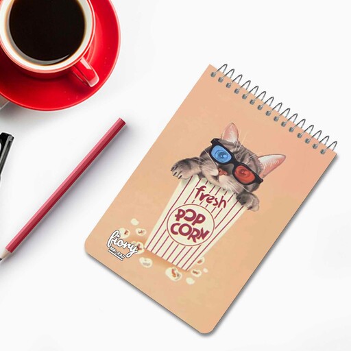 دفترچه یادداشت طرح گربه کیوت مدل پاپ کورن، 50 برگ، چاپ رنگی اختصاصی، مستر راد (Fiory) ، Pop Corn، دفتر چه، تک فنر فلزی