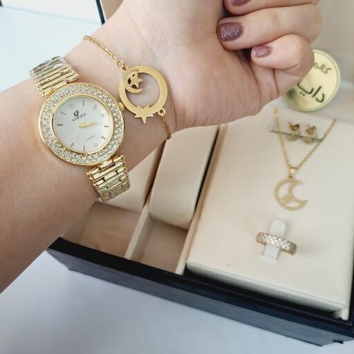 پک ساعت طلایی زنانه نگین دار برند الینا کار عالی و با کیفیت دستبند  استیل حلقه استیل ارسال رایگان 
