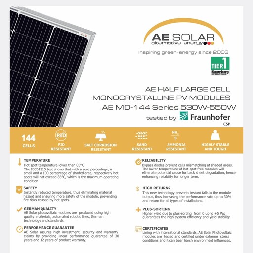 پنل خورشیدی مونوکریستال پرک 550 وات AE SOLAR (پس کرایه)