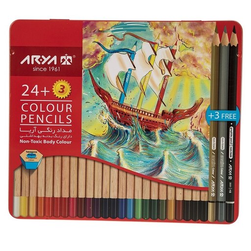 مداد رنگی 24 رنگ فلزی آریا (27 رنگ، 3 رنگ اضافه)