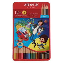 مداد رنگی 12 رنگ فلزی آریا ( 15 رنگ، 3 رنگ اضافه )