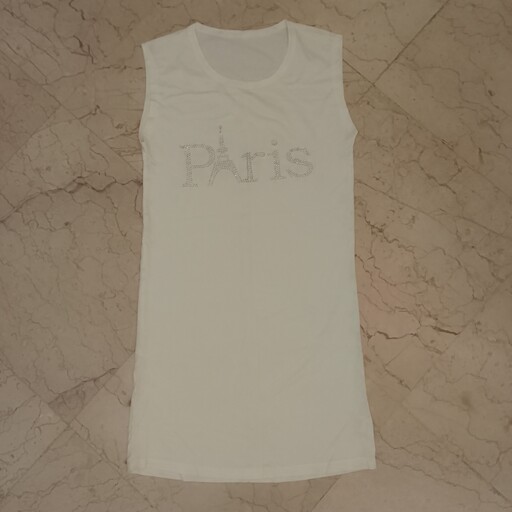 تاپ تیشرت سفید نخی بند زیر سارافونی نگین دار پاریس لباس زنانه دخترانه سایز 36 m مدیوم ساده آستین حلقه ای 