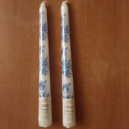 شمع قلمی سفید آبی گلدار گل آبی طرح نقاشی  سرمه ای بلند قد20 شاین دار بسته 2تایی