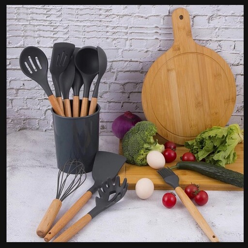 سرویس کفگیر و ملاقه سیلیکونی 12 پارچه دسته چوبی Kitchenware Set - Silicone Kitchen Set