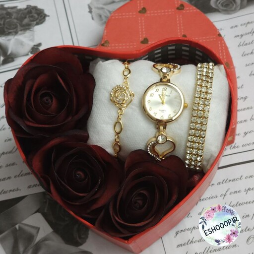 پک هدیه زنانه ساعت و دستبند با  باکس و گل مناسب کادو به خانم ها 