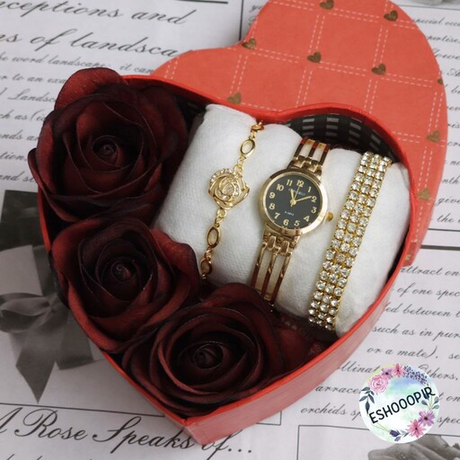 پک هدیه زنانه ساعت و دستبند با  باکس و گل مناسب کادو به خانم ها 
