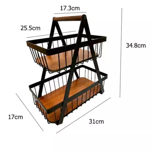 سبد میوه مدل استند 2 طبقه برند  سالوت فلز آبکاری شده دسته چوبی