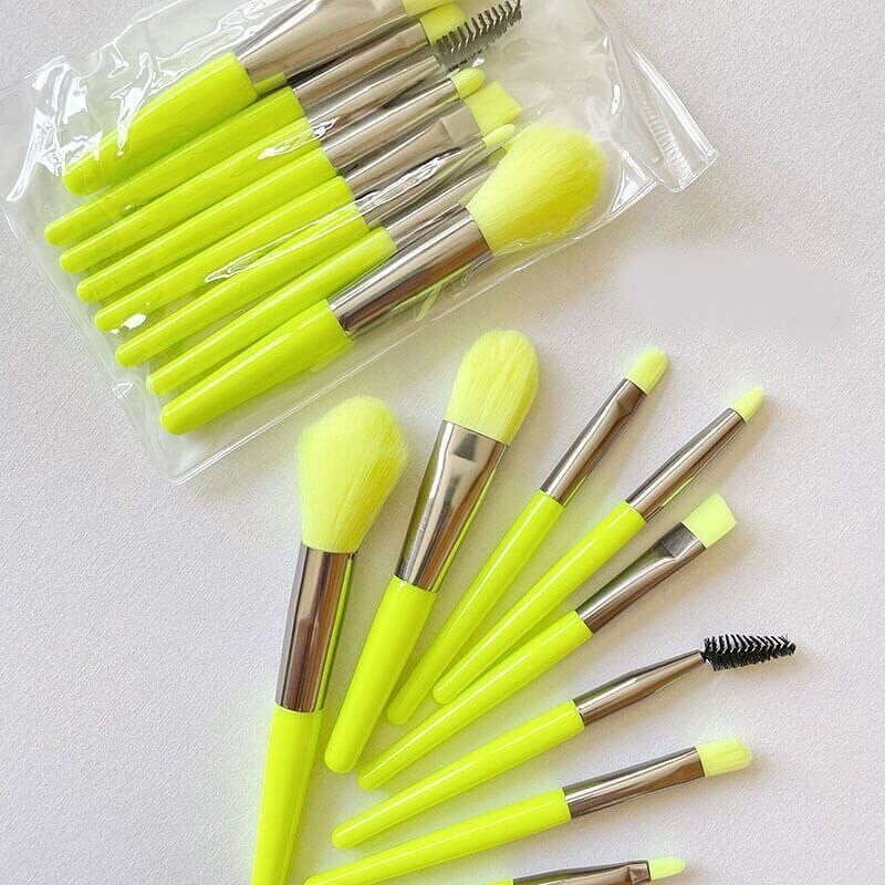 مینی براش نئونی هشت تکه Mini makeup brush در 5 رنگ نئونی جذاب 8 براش کاربردی تراکم بسیار عالی بدون ریزش 