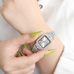 ساعت نقره زنانه با عیار 925 روکش طلای سفید دور موتور مستطیل طرح جدید