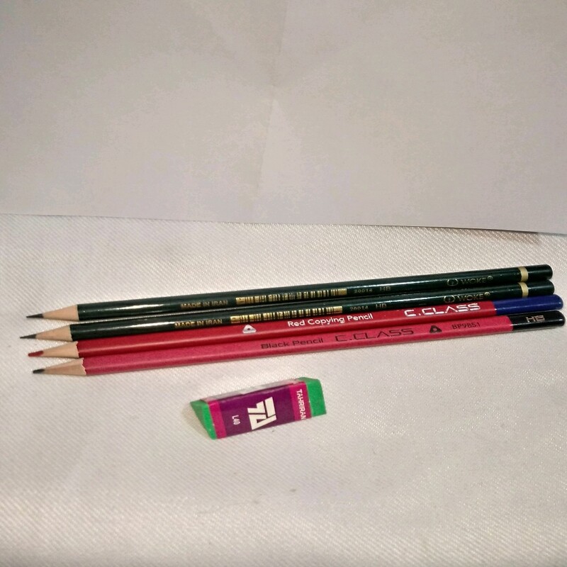 سبد لوازم تحریر شامل 4 عدد مداد و یک پاک کن و یک پرگار و یک عدد آهنربا