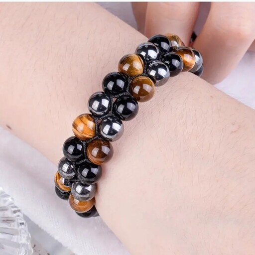 دستنبد سنگ چشم ببر ، حدید و اونیکس  دو ردیفه ،tiger eye ، onyx ، Hematite