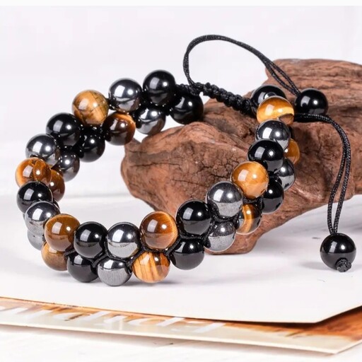 دستنبد سنگ چشم ببر ، حدید و اونیکس  دو ردیفه ،tiger eye ، onyx ، Hematite